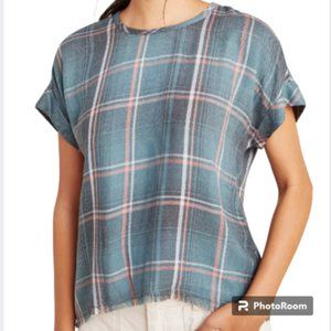 Cloth & Stone by Anthropology Green Plaid Frayed Hem Top Size Small